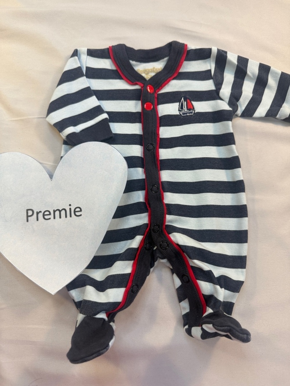 SNUGABYE - Nautical Navy & White Striped Baby Footie with Red Trim